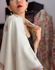 3 Yard Ivory Hashia Embroidered Pashmina Shawl with Exquisite Embroidery Details