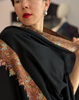 Elegant Black Dhoor Design Pashmina Shawl with Intricate Embroidery Details