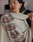 Extra Fine Ivory Paisley Design Embroidery Pashmina Shawl