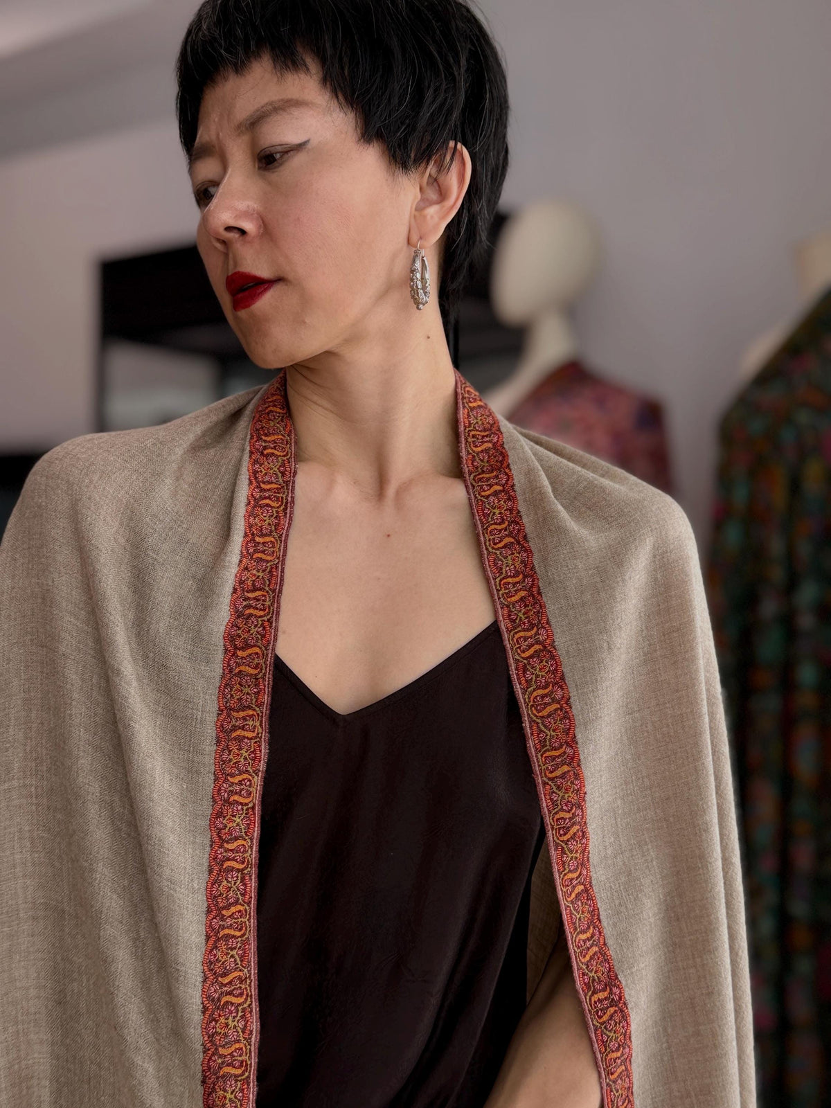 Vintage Natural Embroidery Pashmina Shawl with 100% Hand spun Yarns