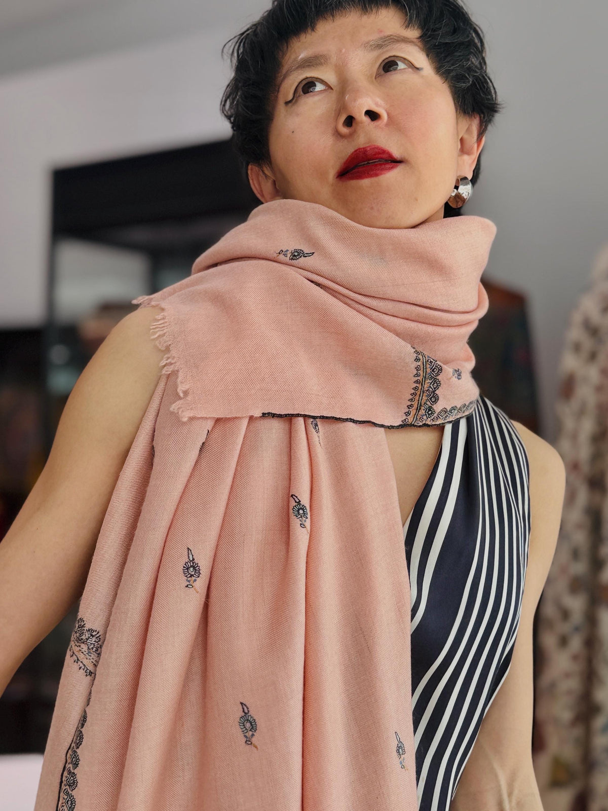 Elegant Coral Pink Buti Embroidered Pashmina Shawl