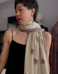 Elegant White Buti Palla Silk Embroidery Pashmina Shawl