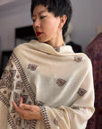 Elegant White Buti Palla Silk Embroidery Pashmina Shawl