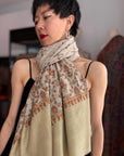 Elegant Beige Designer Pashmina Shawl with Intricate Embroidery Details
