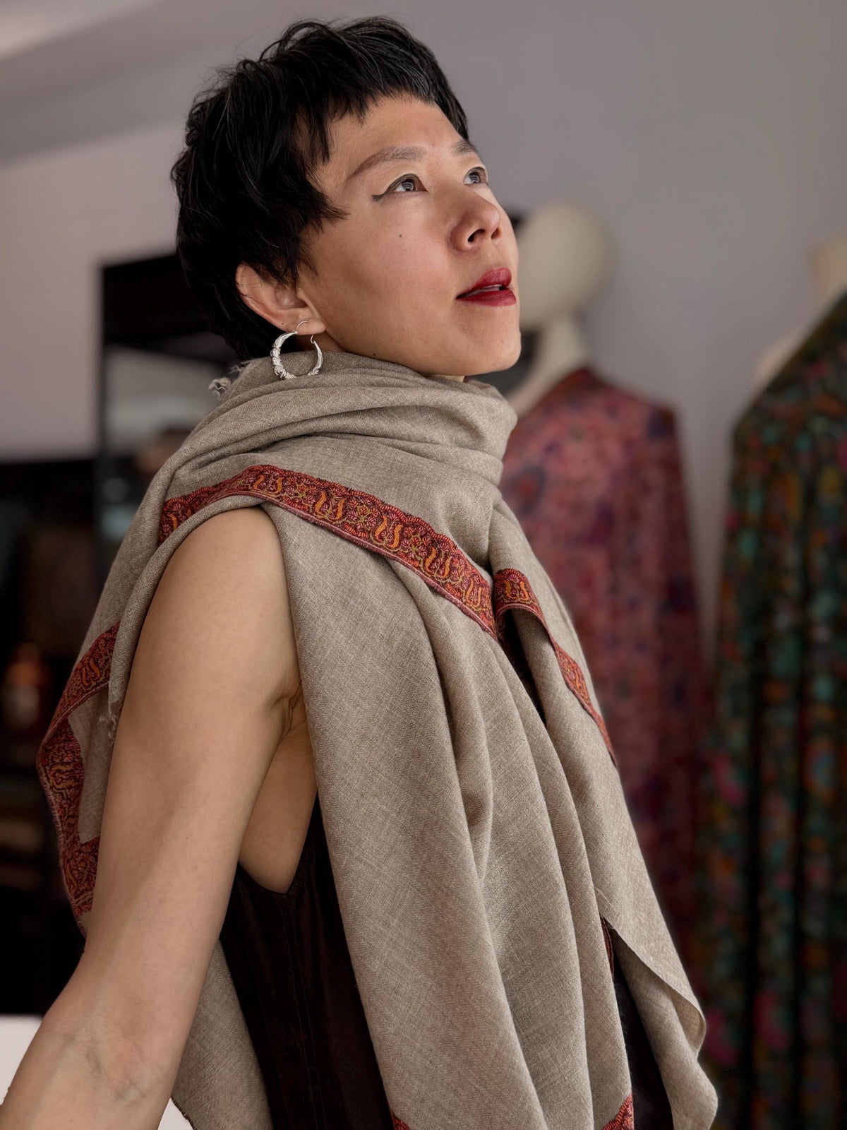 Vintage Natural Embroidery Pashmina Shawl with 100% Hand spun Yarns