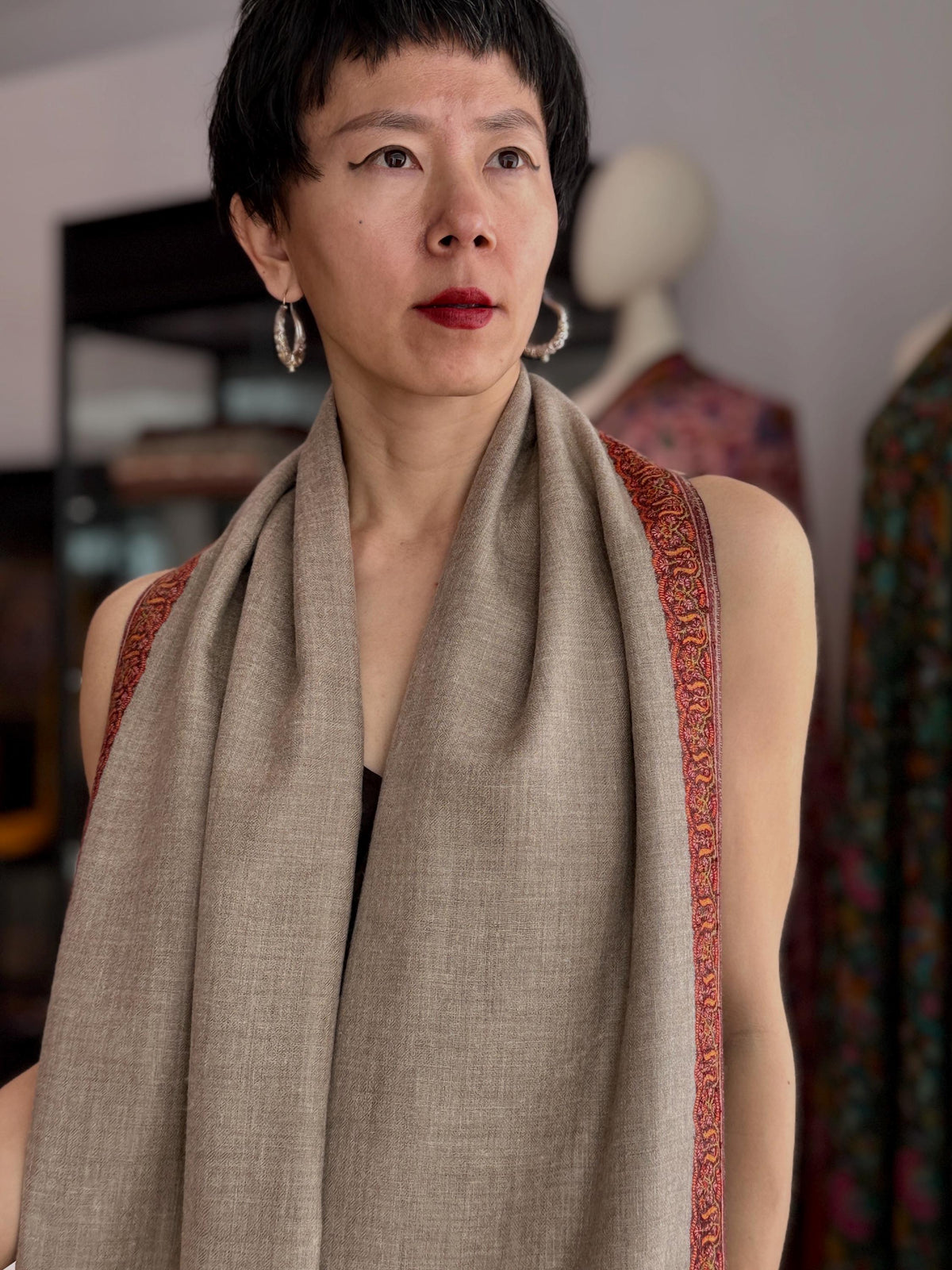 Vintage Natural Embroidery Pashmina Shawl with 100% Hand spun Yarns