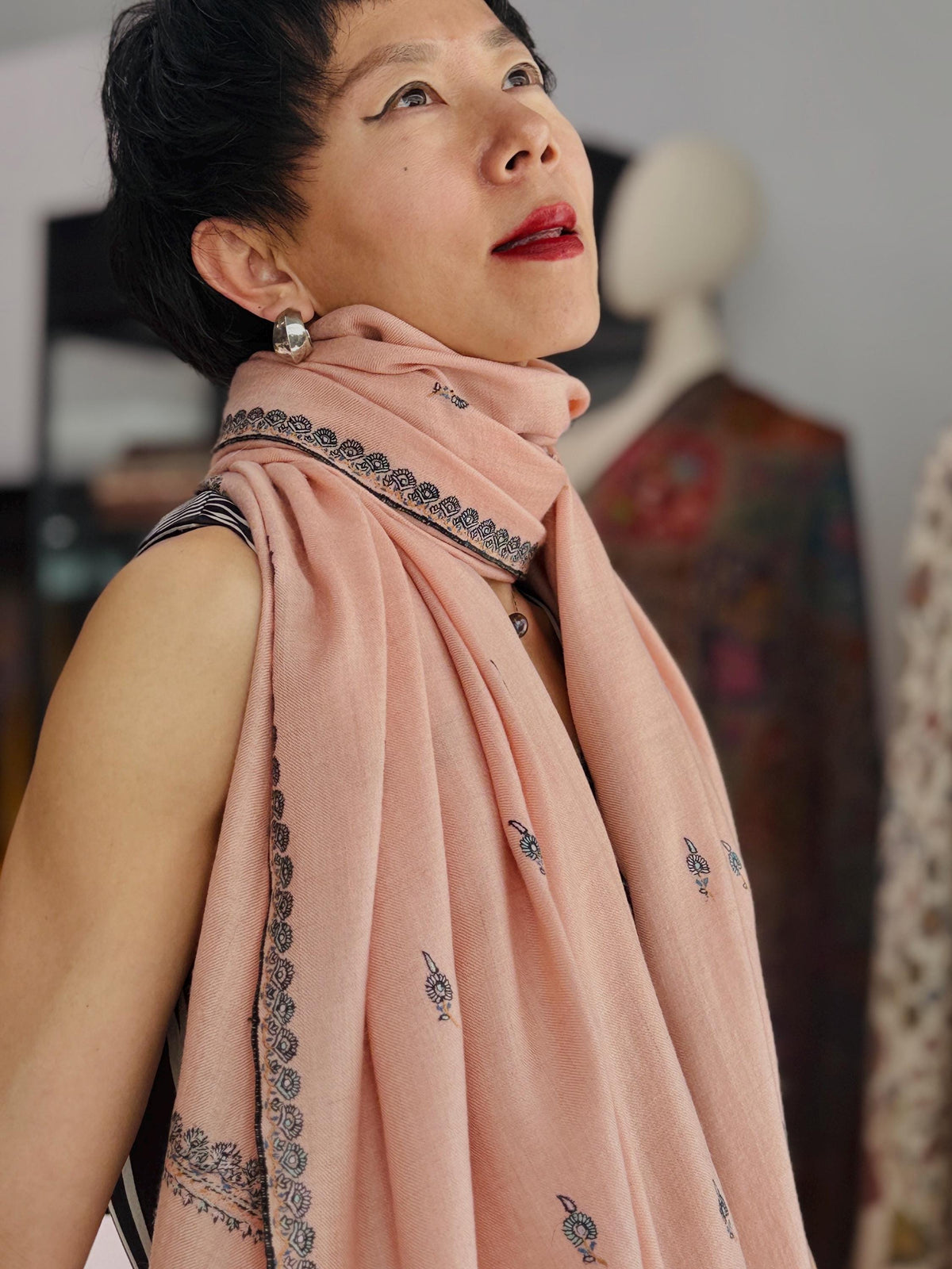 Elegant Coral Pink Buti Embroidered Pashmina Shawl
