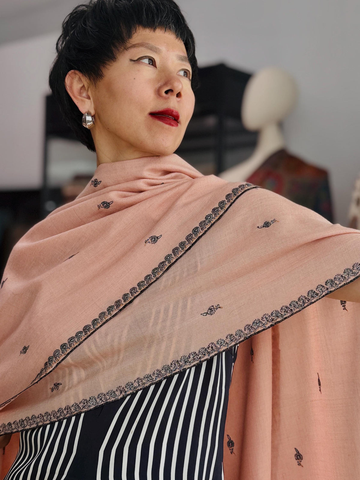 Elegant Coral Pink Buti Embroidered Pashmina Shawl