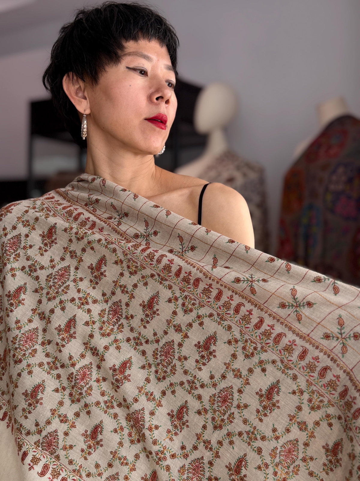 3 Yard Beige Designer Pashmina Shawl with Intricate Embroidery Details