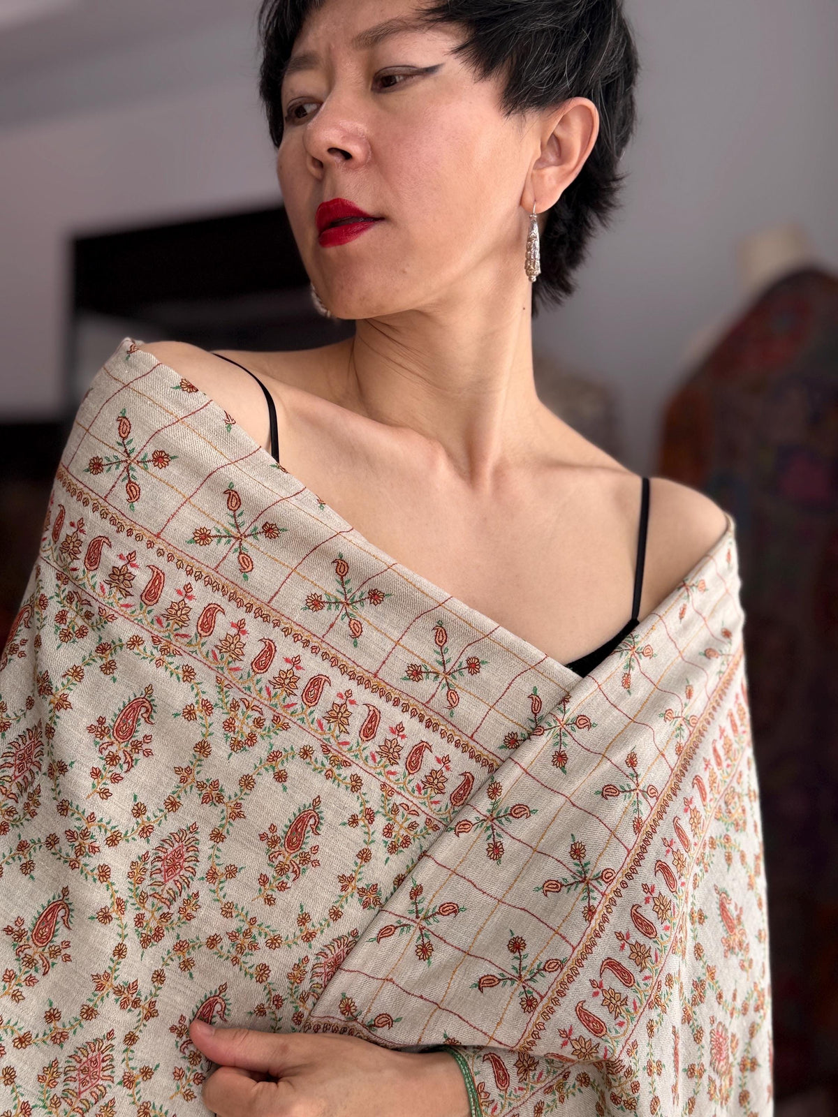 3 Yard Beige Designer Pashmina Shawl with Intricate Embroidery Details