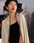 3 Yard Ivory Handspun Hashia Embroidered Pashmina Shawl with Fine Embroidery Details