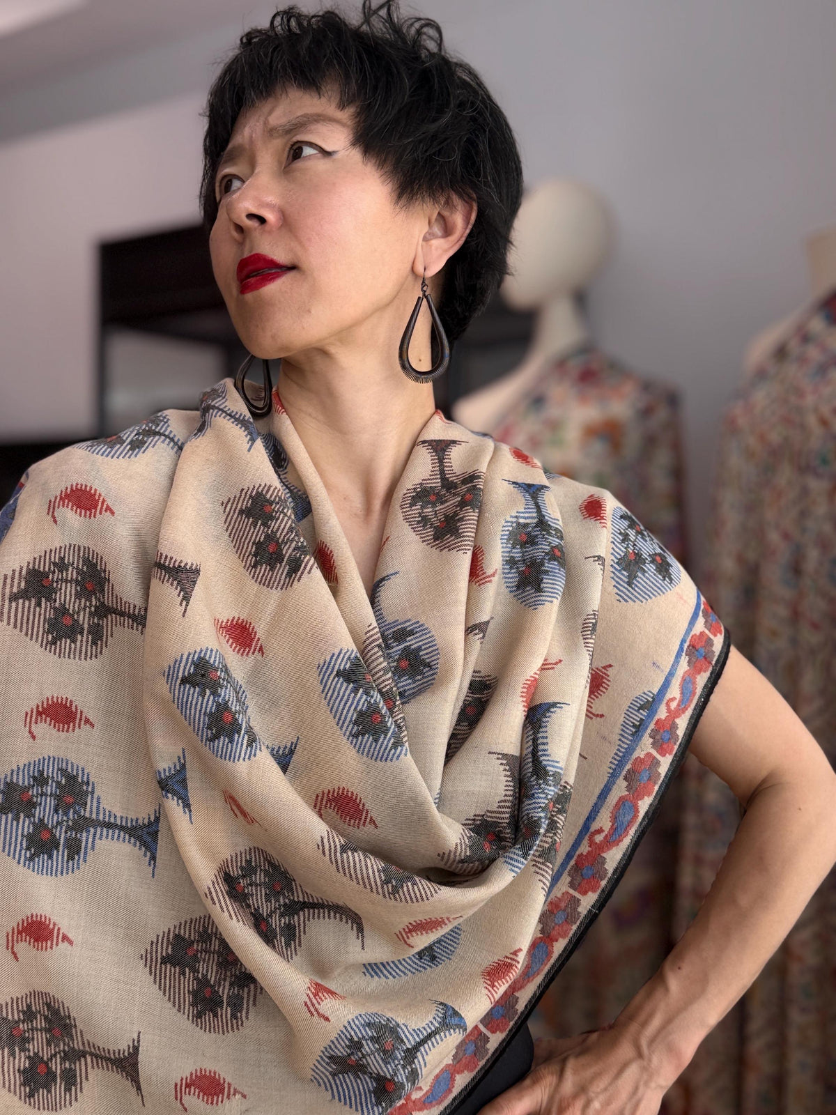 Extra Fine Beige Kani Pashmina Shawl with Elegant Cypress Designs