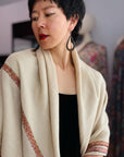 3 Yard Ivory Handspun Hashia Embroidered Pashmina Shawl with Fine Embroidery Details