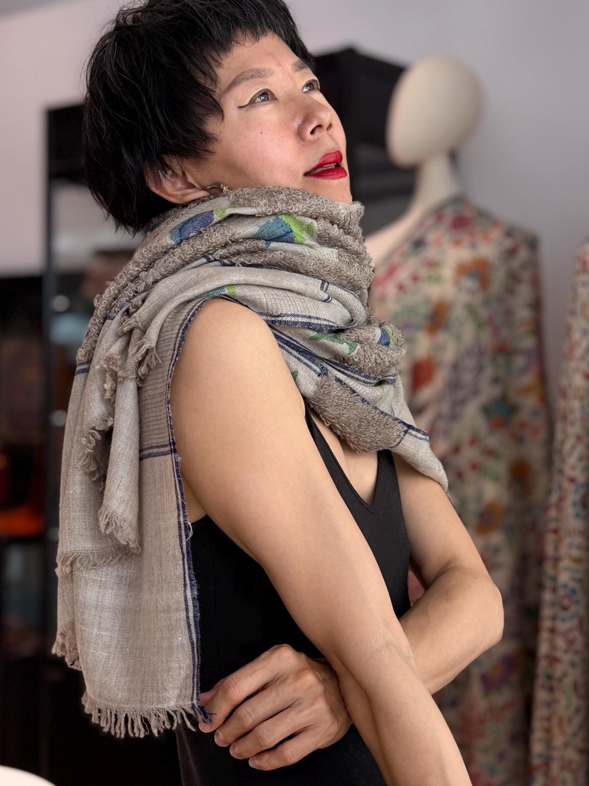 Gray Almond Design Towel Kani Pashmina with Elegant Check Patterns