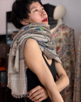 Gray Almond Design Towel Kani Pashmina with Elegant Check Patterns