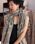 Gray Almond Design Towel Kani Pashmina with Elegant Check Patterns