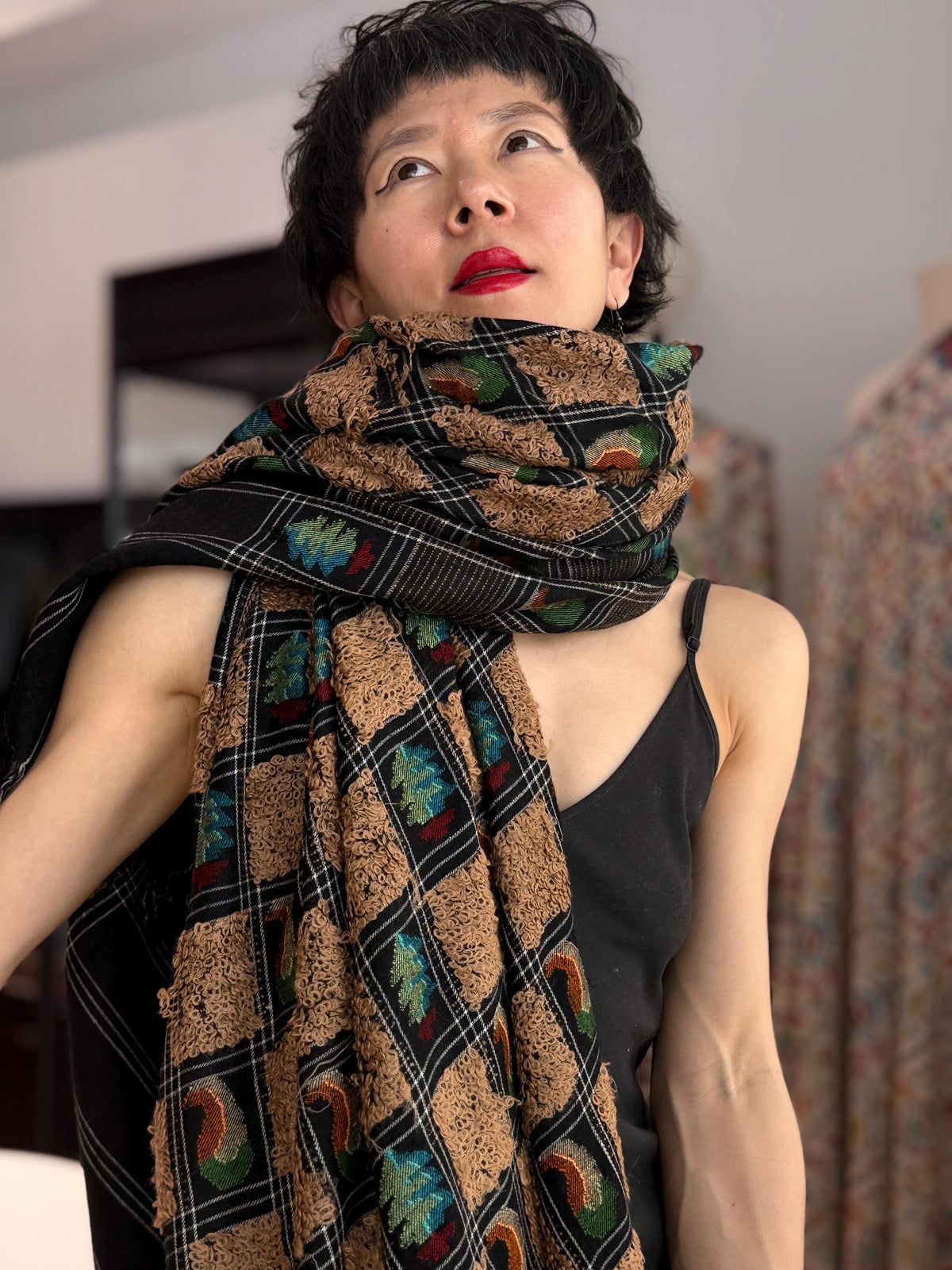 3 Yard Handmade Black Towel Kani Pashmina with Elegant Check Patterns