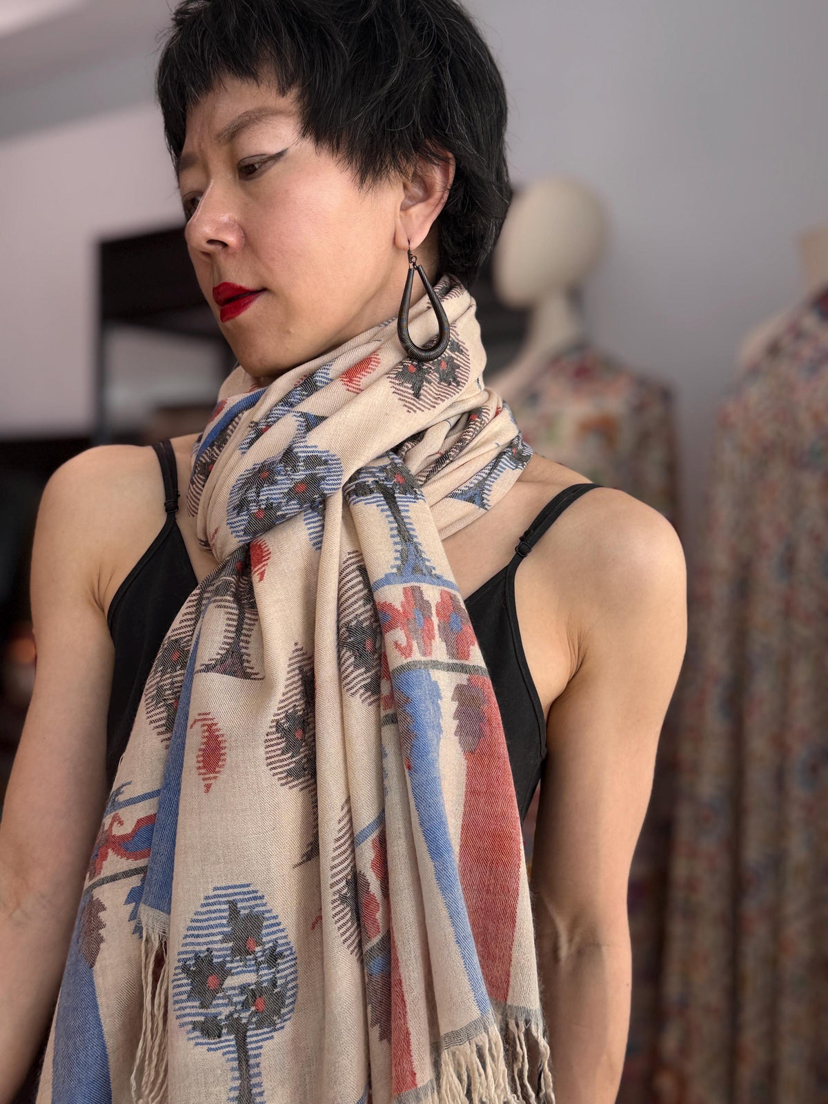 Extra Fine Beige Kani Pashmina Shawl with Elegant Cypress Designs