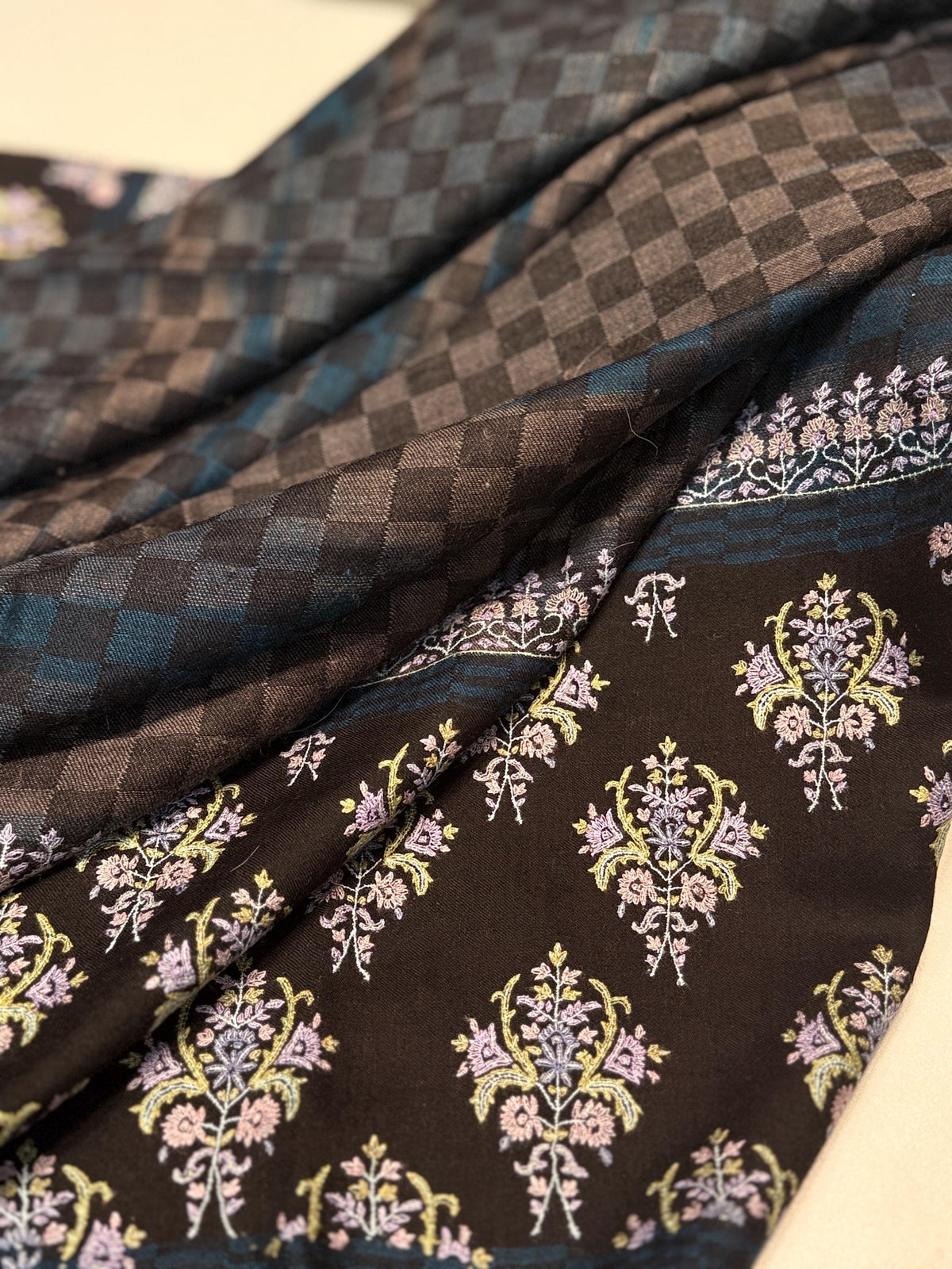 IKAT Butidar Embroidery Pashmina Shawl with Intricate Floral Designs
