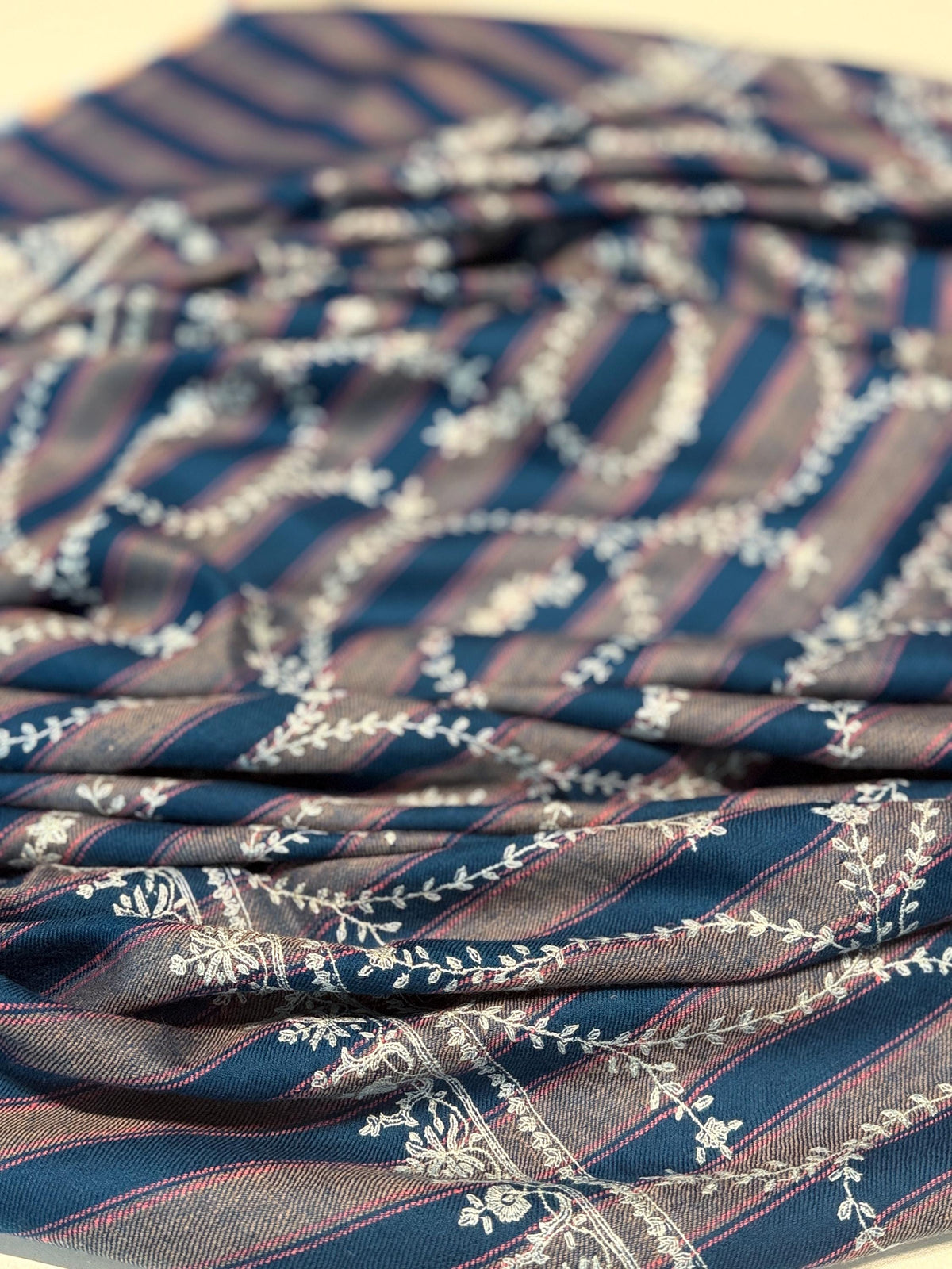 Blue and Gray Jaal Embroidery Pashmina Shawl with Woven Stripes Design