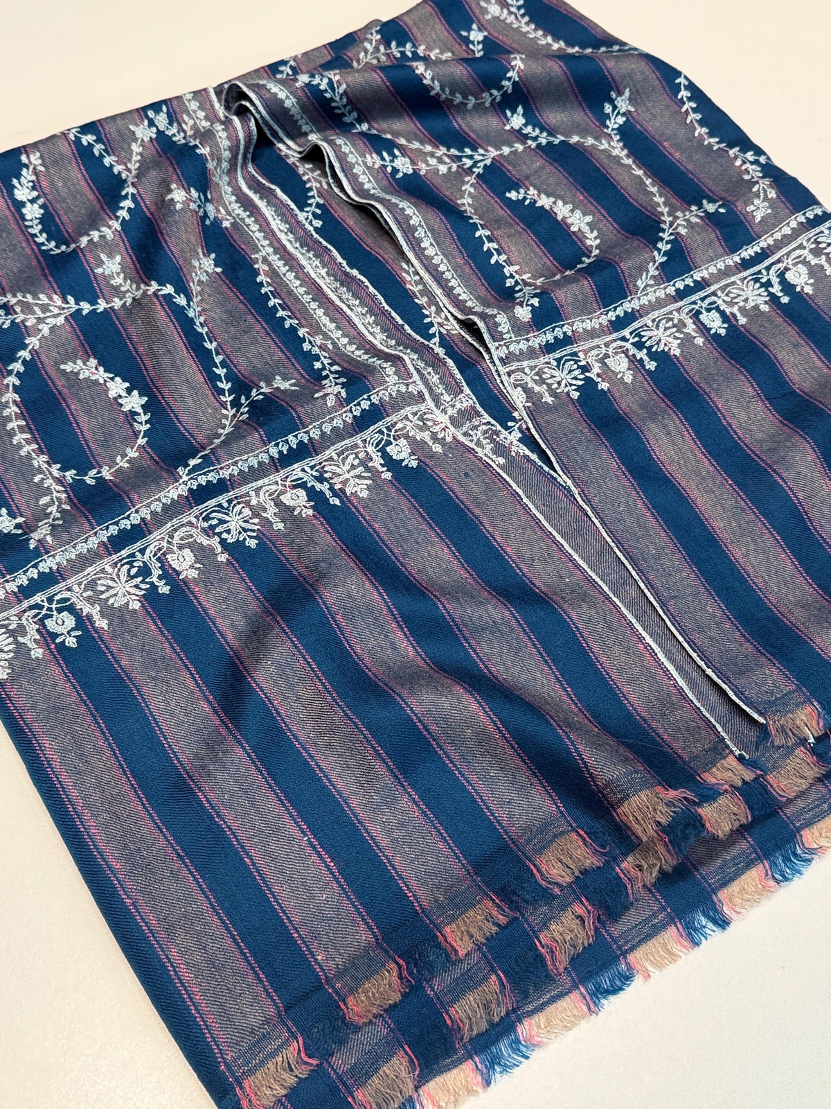 Blue and Gray Jaal Embroidery Pashmina Shawl with Woven Stripes Design