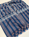 Blue and Gray Jaal Embroidery Pashmina Shawl with Woven Stripes Design