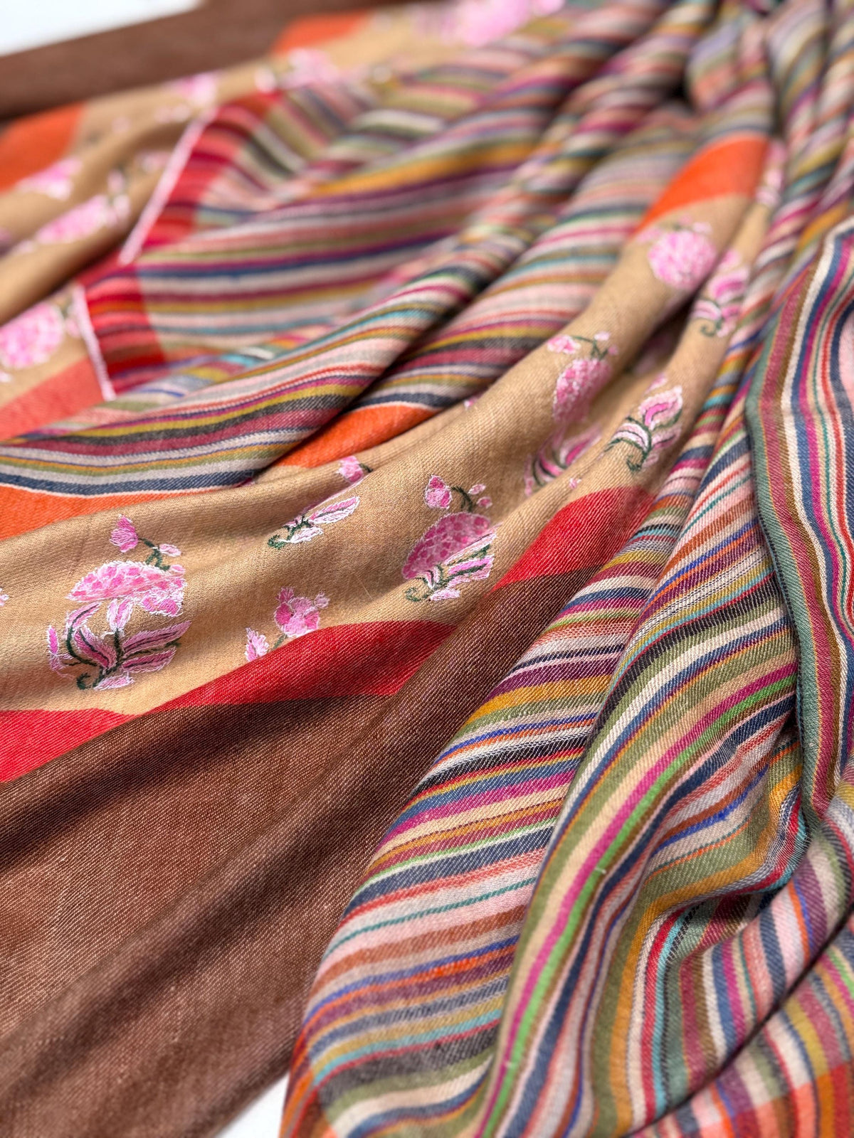 Designer Palla Embroidered Pashmina Shawl with Woven Stripes Design