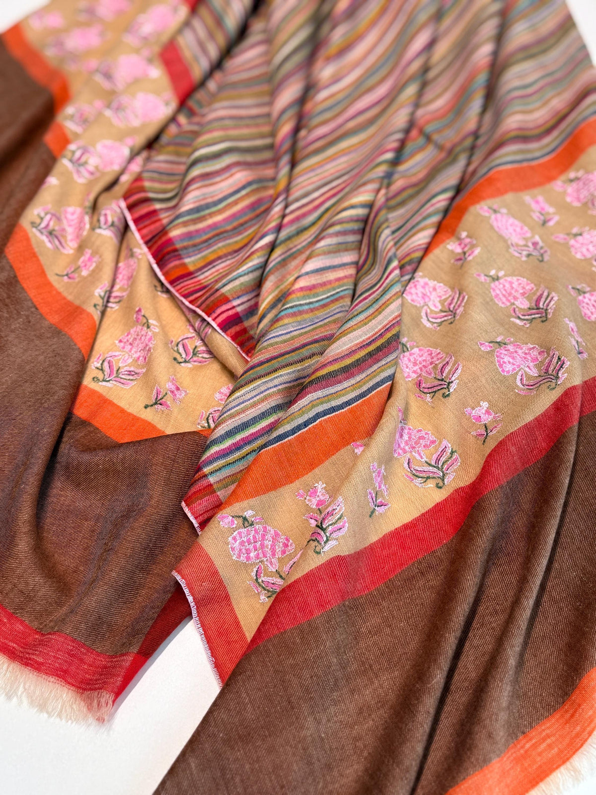 Designer Palla Embroidered Pashmina Shawl with Woven Stripes Design