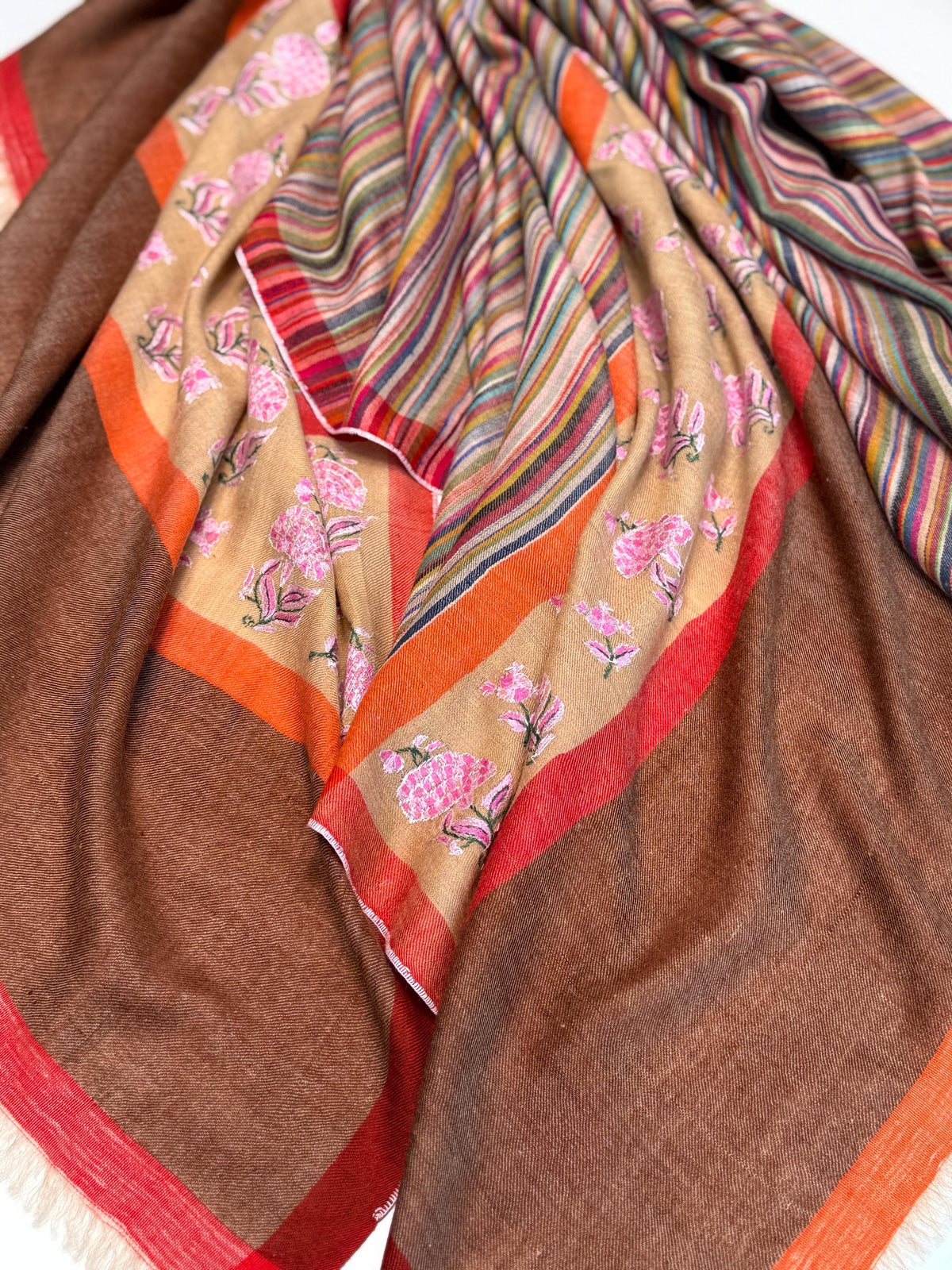 Designer Palla Embroidered Pashmina Shawl with Woven Stripes Design