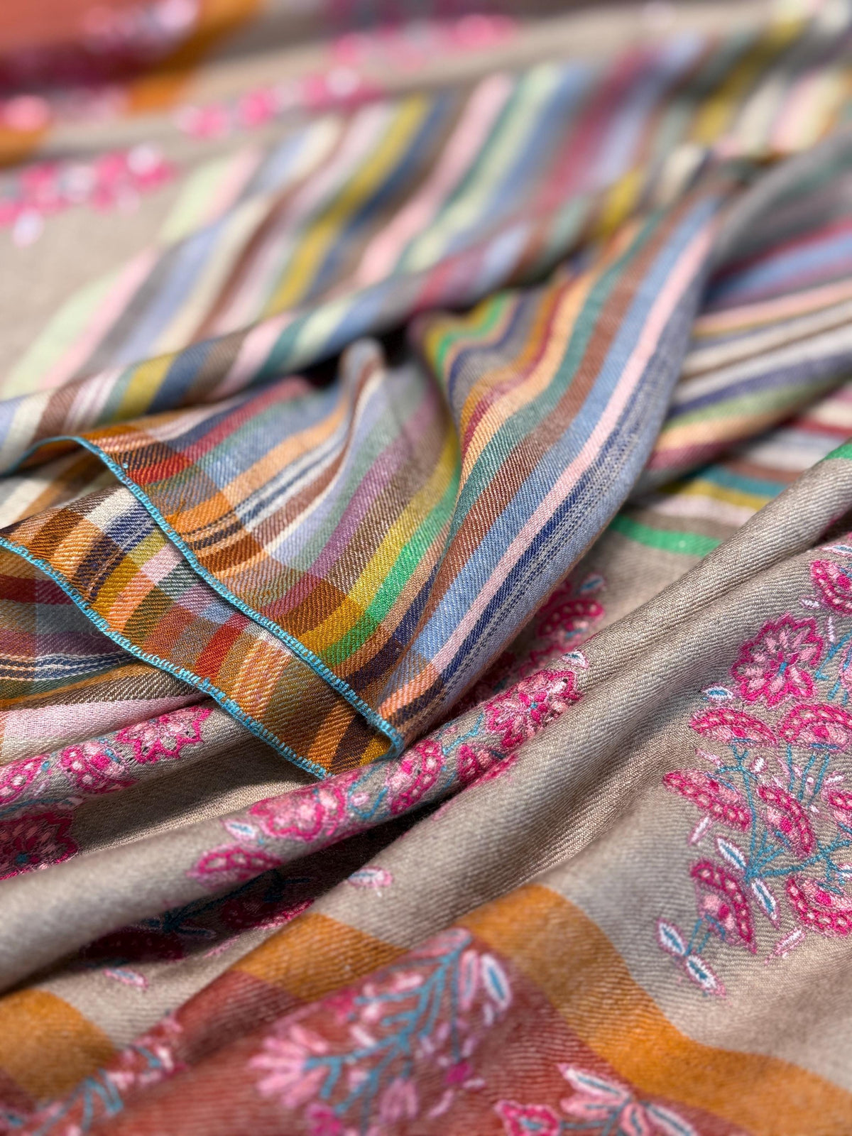Brick Red Palla Embroidered Pashmina Shawl with Woven Stripes Design