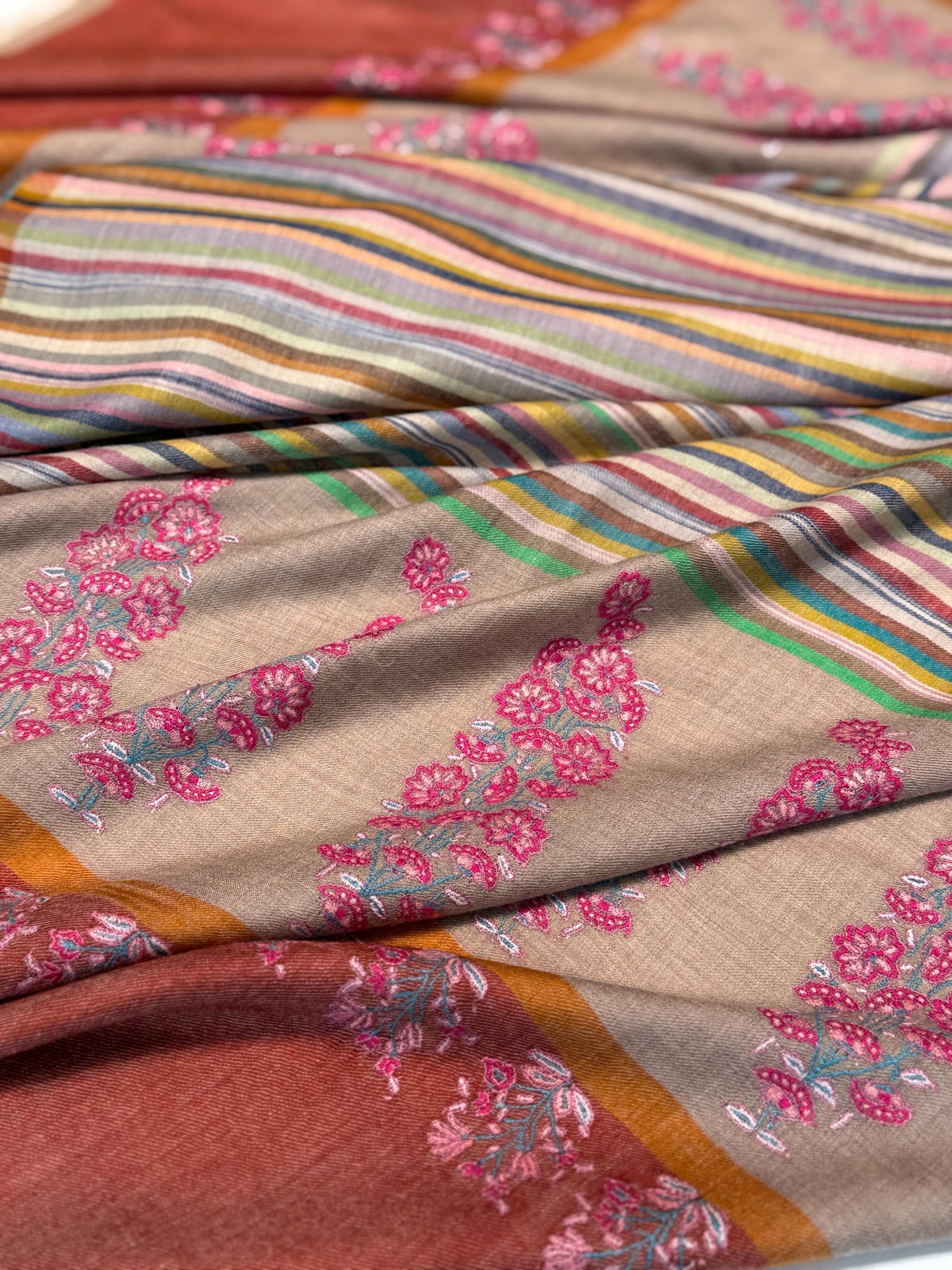 Brick Red Palla Embroidered Pashmina Shawl with Woven Stripes Design