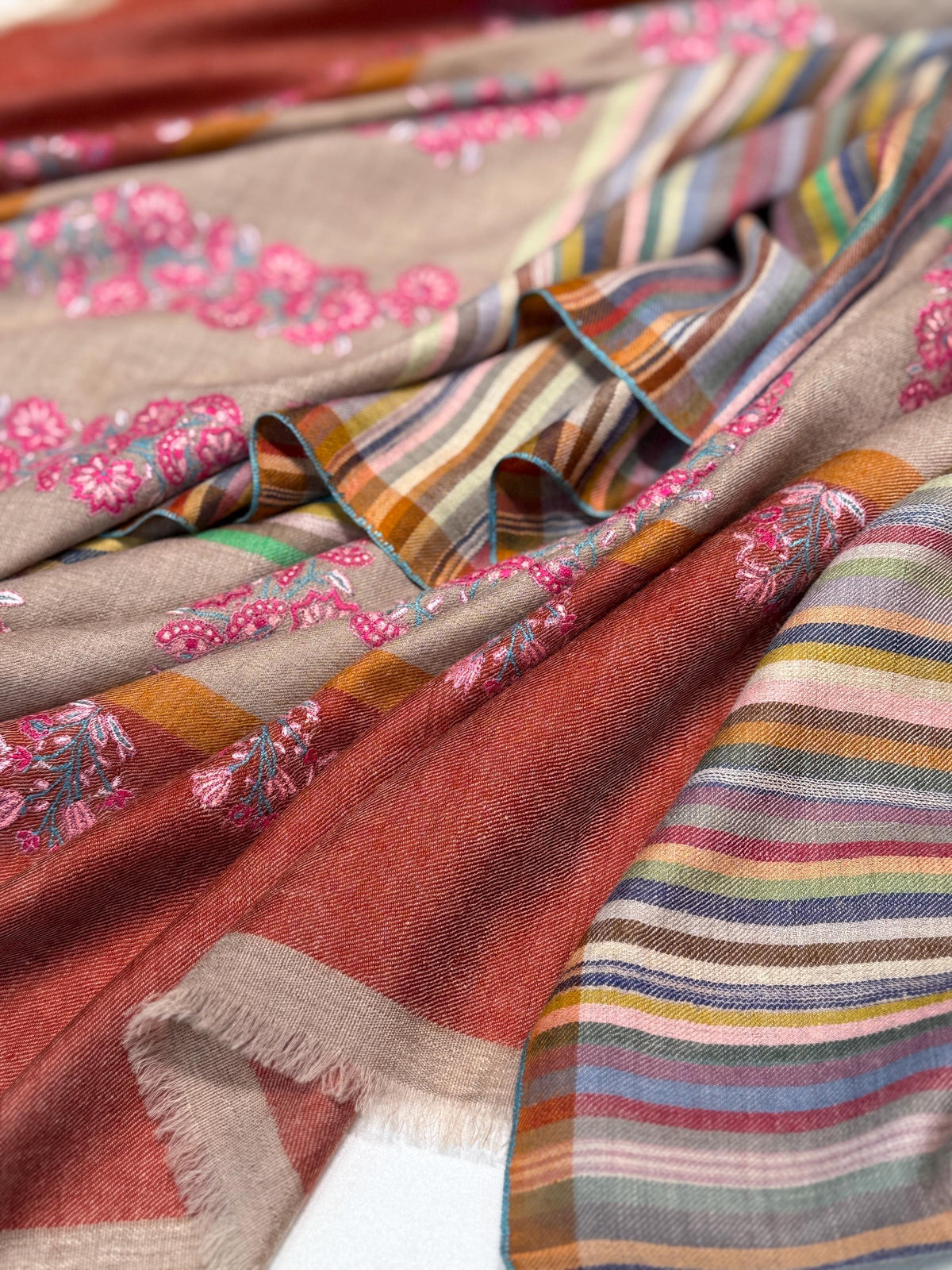 Brick Red Palla Embroidered Pashmina Shawl with Woven Stripes Design