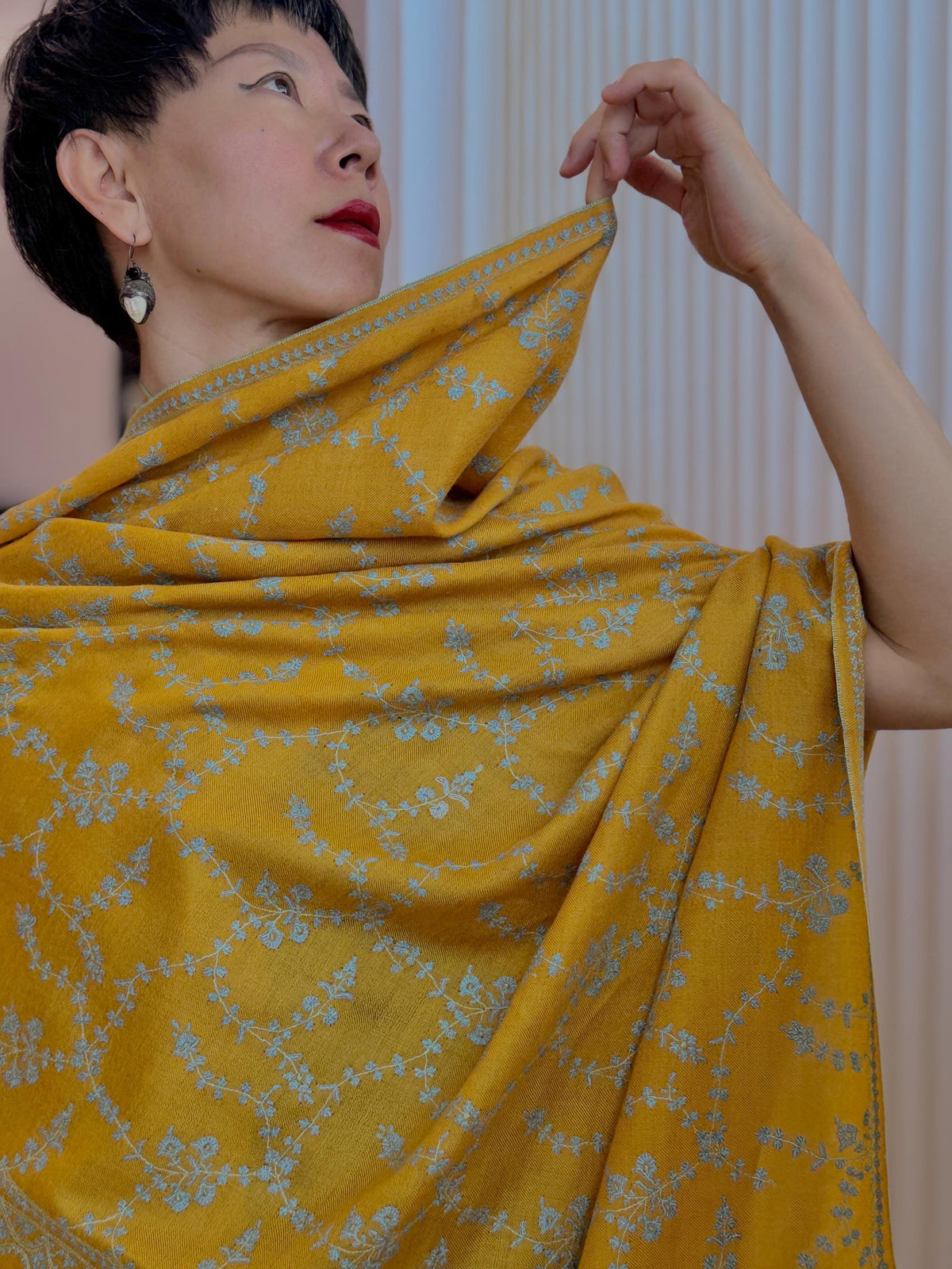 Yellow Jaal Embroidery Pashmina Shawl with Intricate Designs