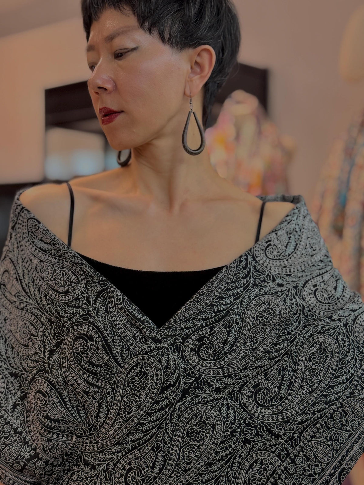 2.5 Yard Black Paisley Design Pashmina Shawl with Elegant Embroidery Details