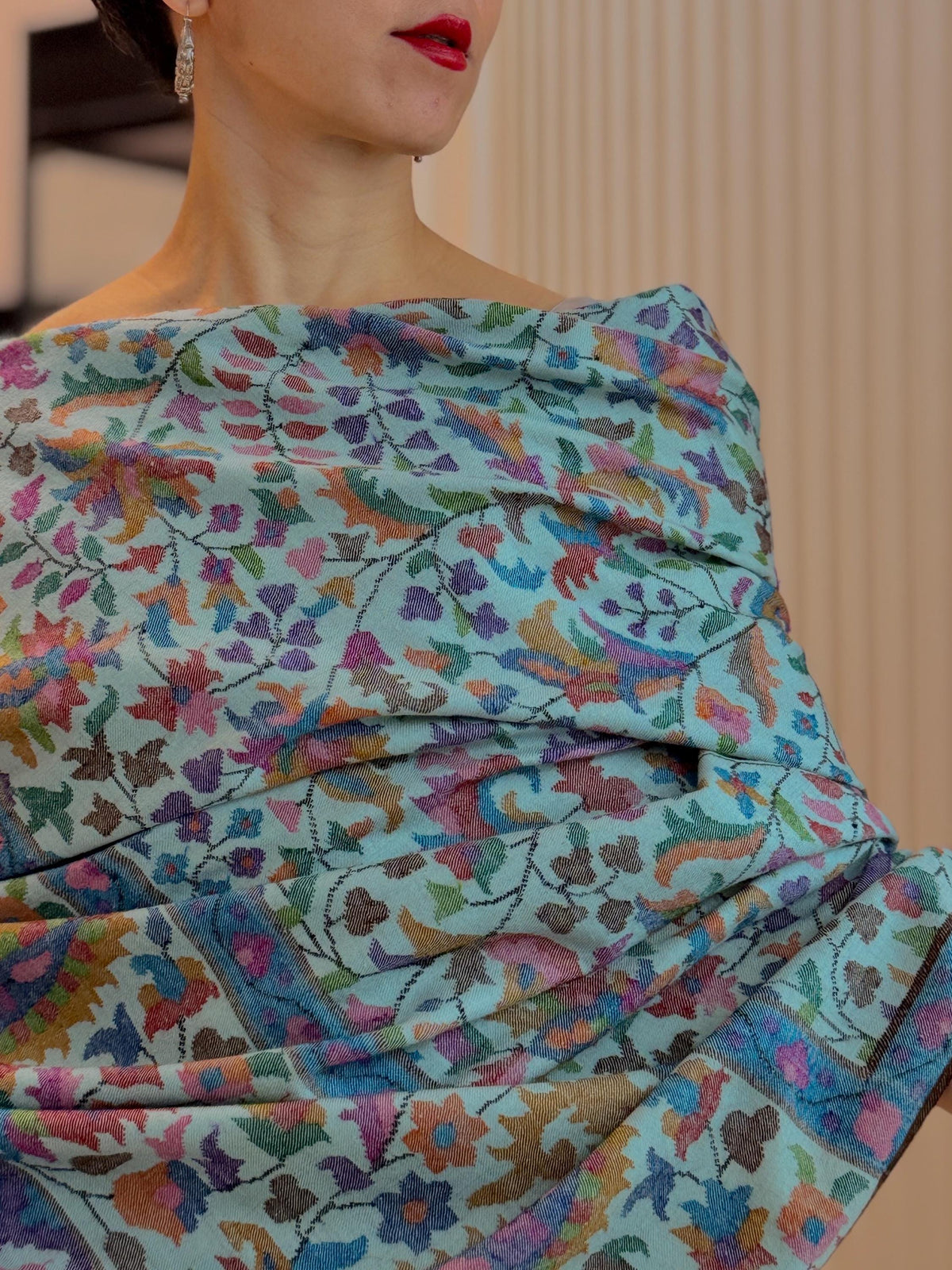 2.5 Yard Turquoise Handspun Kani Pashmina Shawl with Intricate Floral Designs | New Arrival