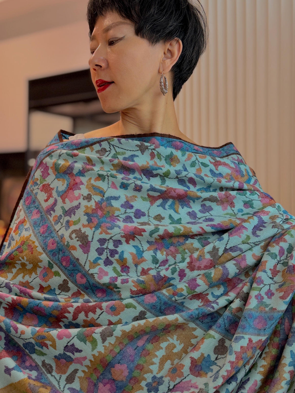 2.5 Yard Turquoise Handspun Kani Pashmina Shawl with Intricate Floral Designs | New Arrival