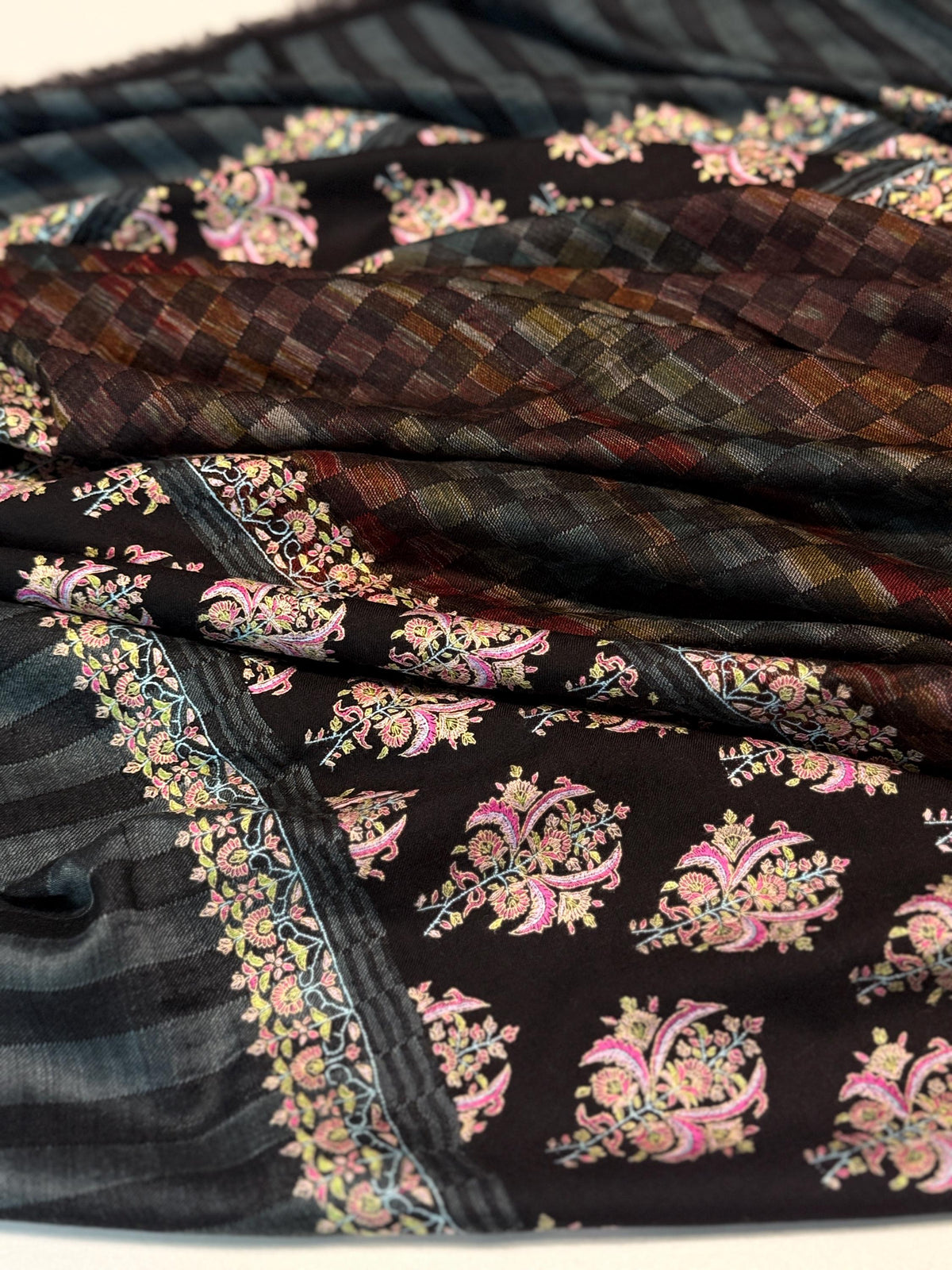 IKAT Buti Floral Embroidery Pashmina Shawl with Intricate Floral Designs