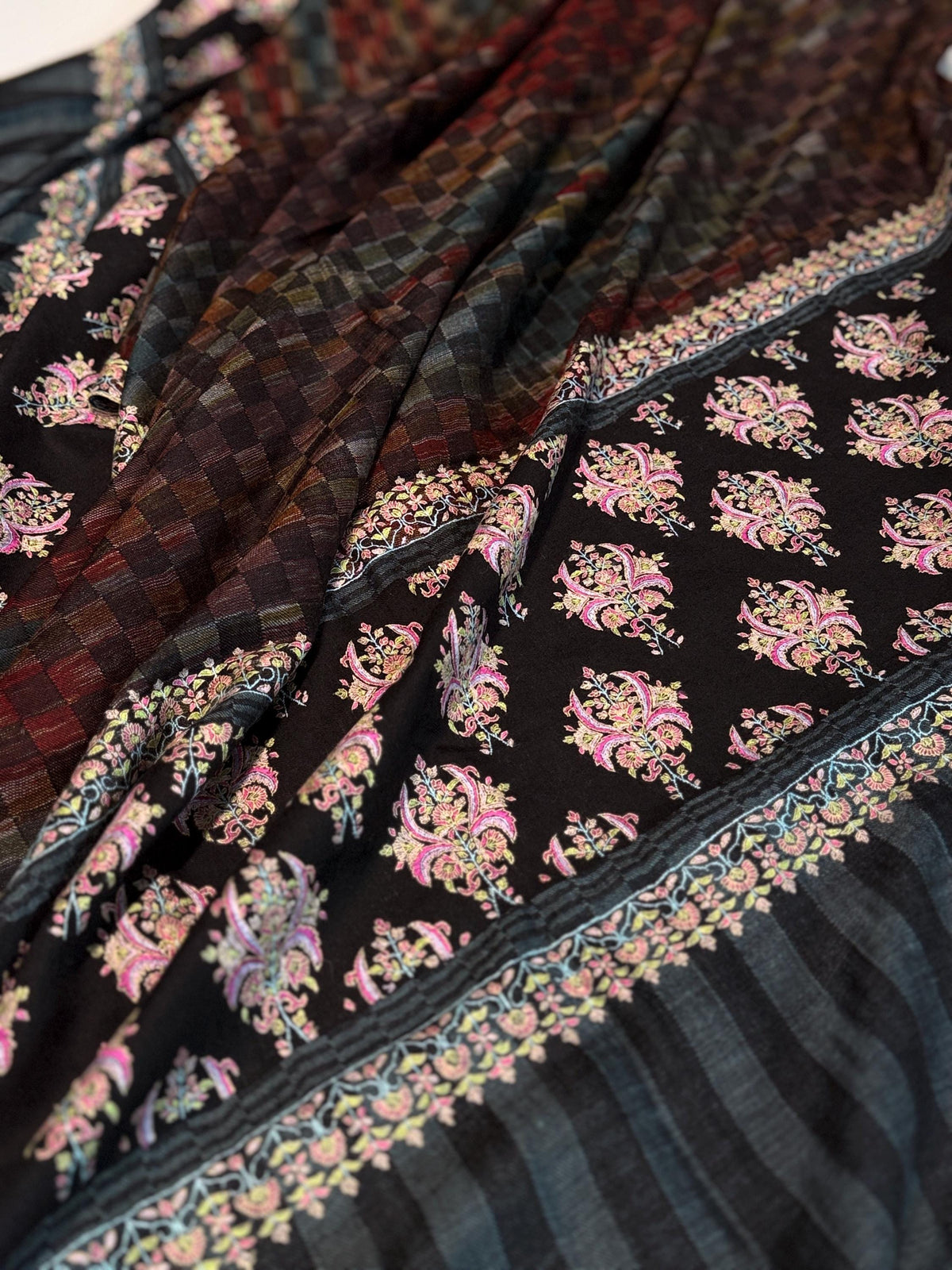 IKAT Buti Floral Embroidery Pashmina Shawl with Intricate Floral Designs