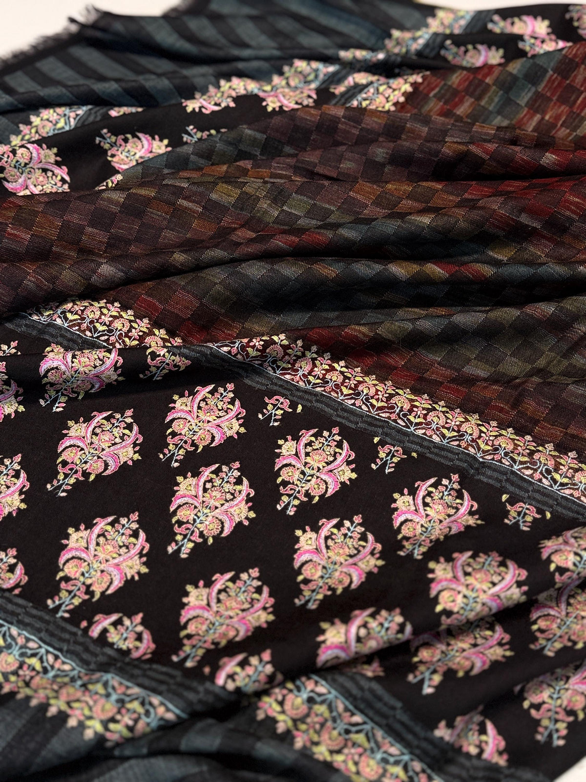 IKAT Buti Floral Embroidery Pashmina Shawl with Intricate Floral Designs