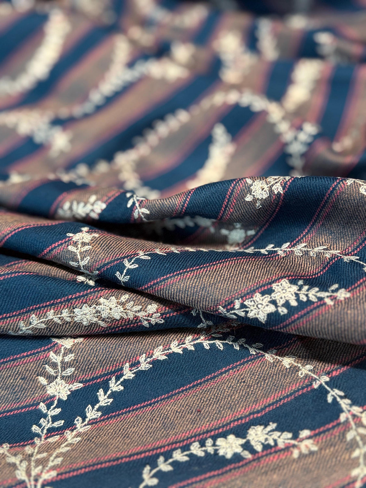 Blue and Gray Jaal Embroidery Pashmina Shawl with Woven Stripes Design