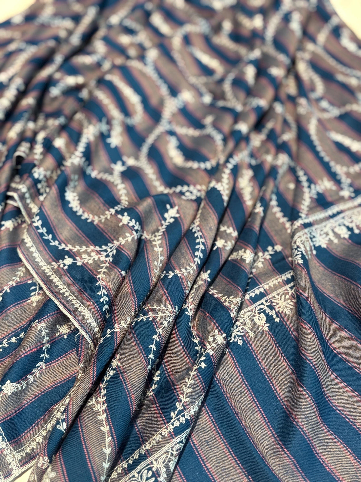 Blue and Gray Jaal Embroidery Pashmina Shawl with Woven Stripes Design