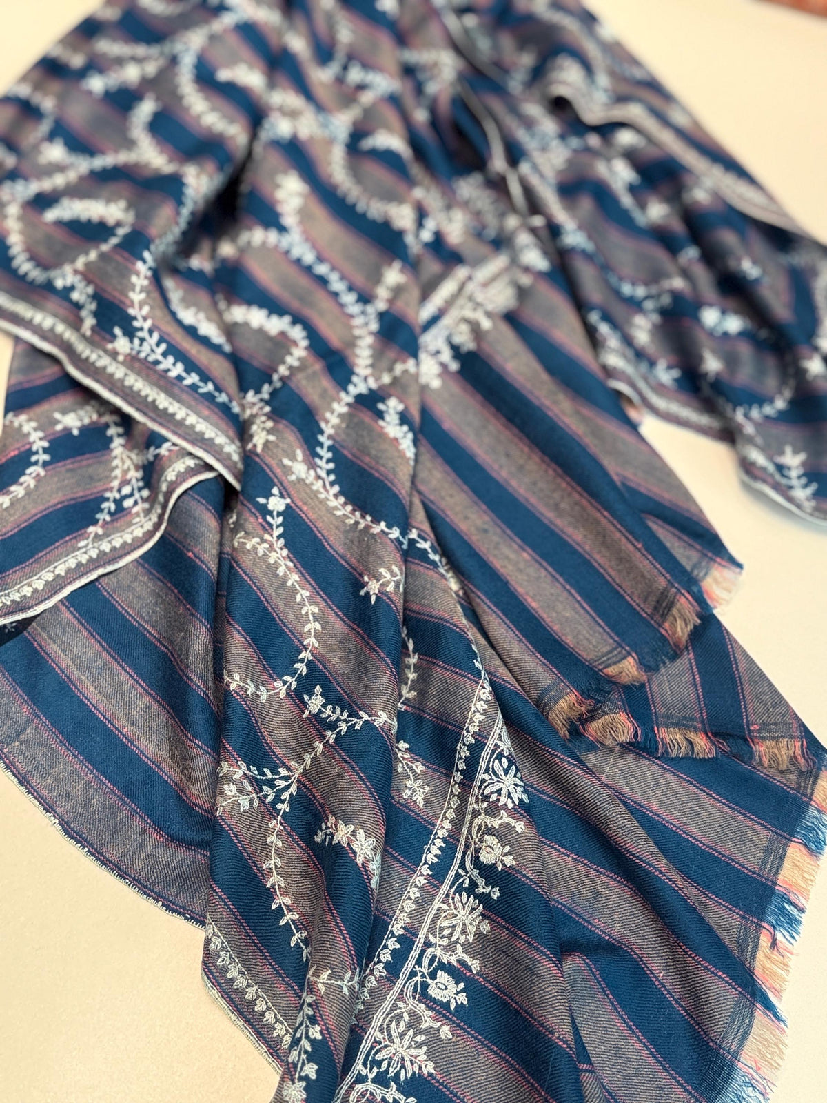 Blue and Gray Jaal Embroidery Pashmina Shawl with Woven Stripes Design