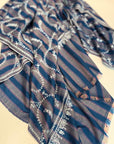 Blue and Gray Jaal Embroidery Pashmina Shawl with Woven Stripes Design