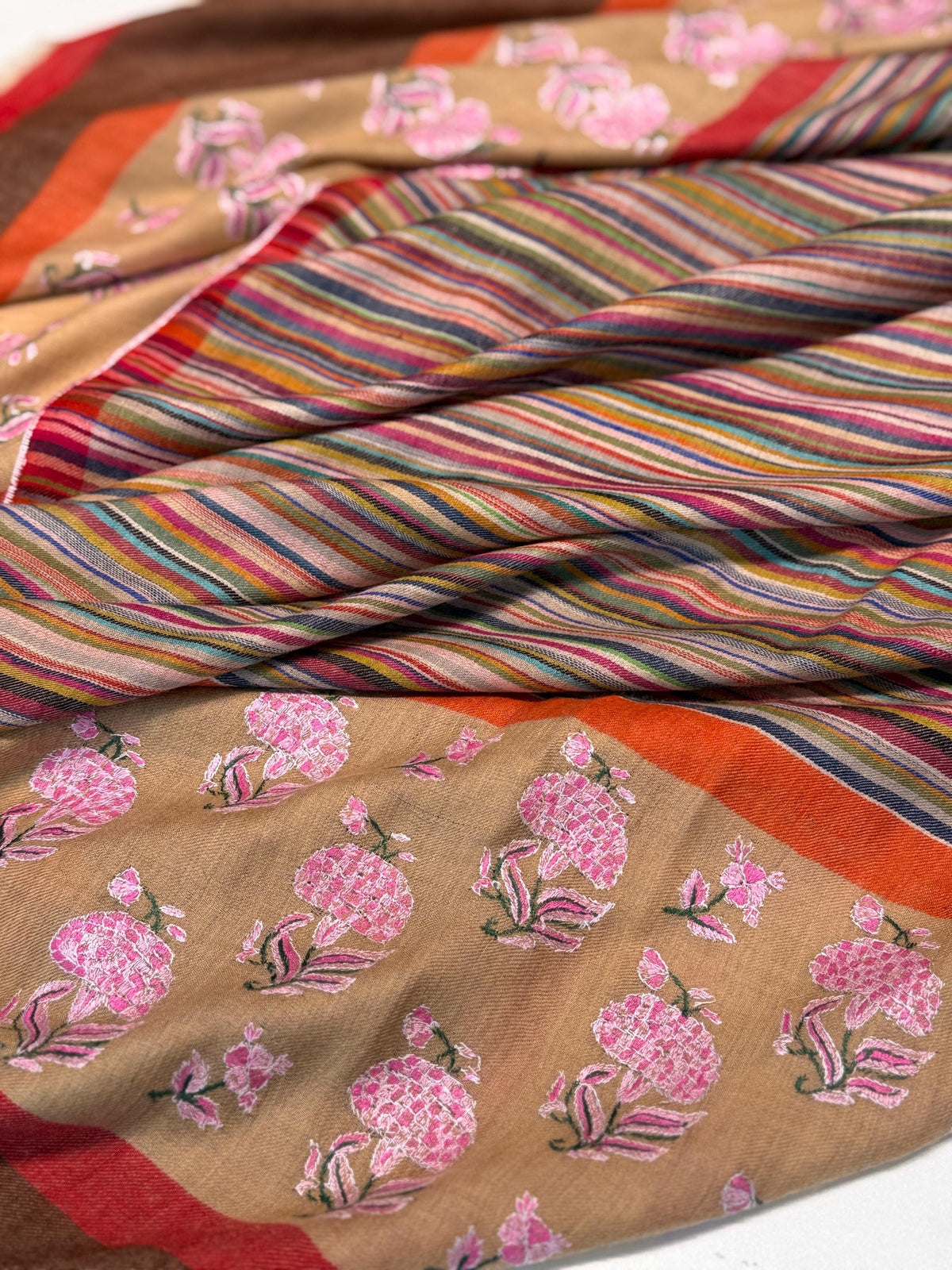 Designer Palla Embroidered Pashmina Shawl with Woven Stripes Design