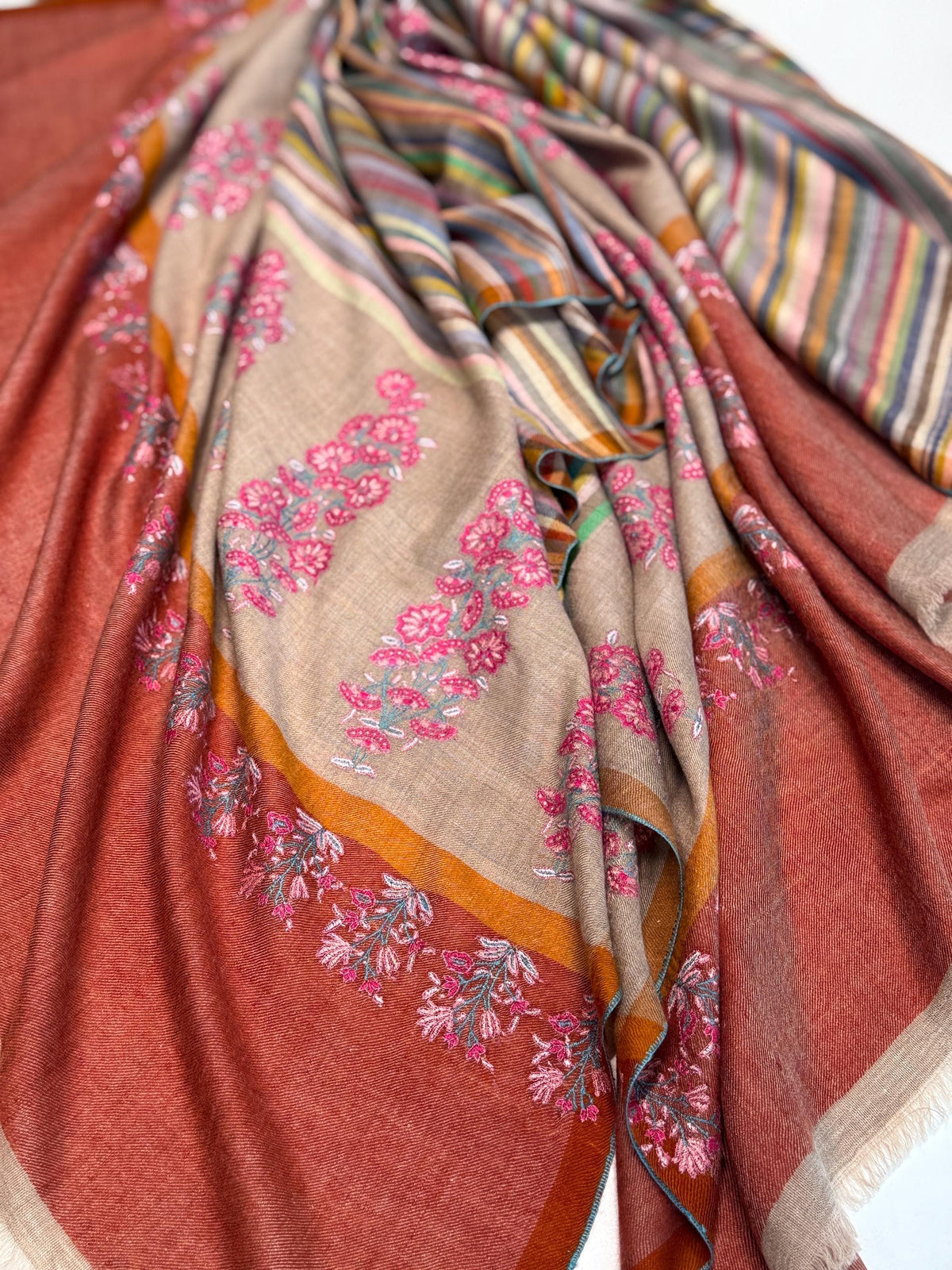 Brick Red Palla Embroidered Pashmina Shawl with Woven Stripes Design