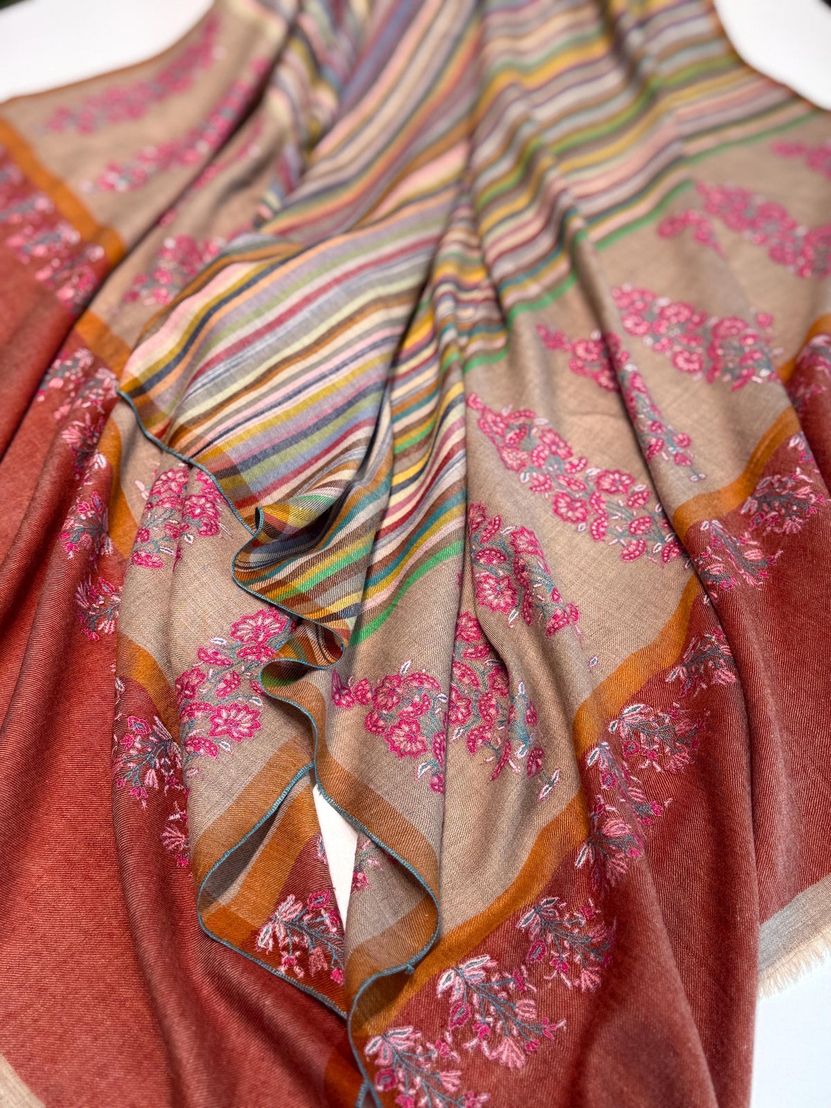 Brick Red Palla Embroidered Pashmina Shawl with Woven Stripes Design