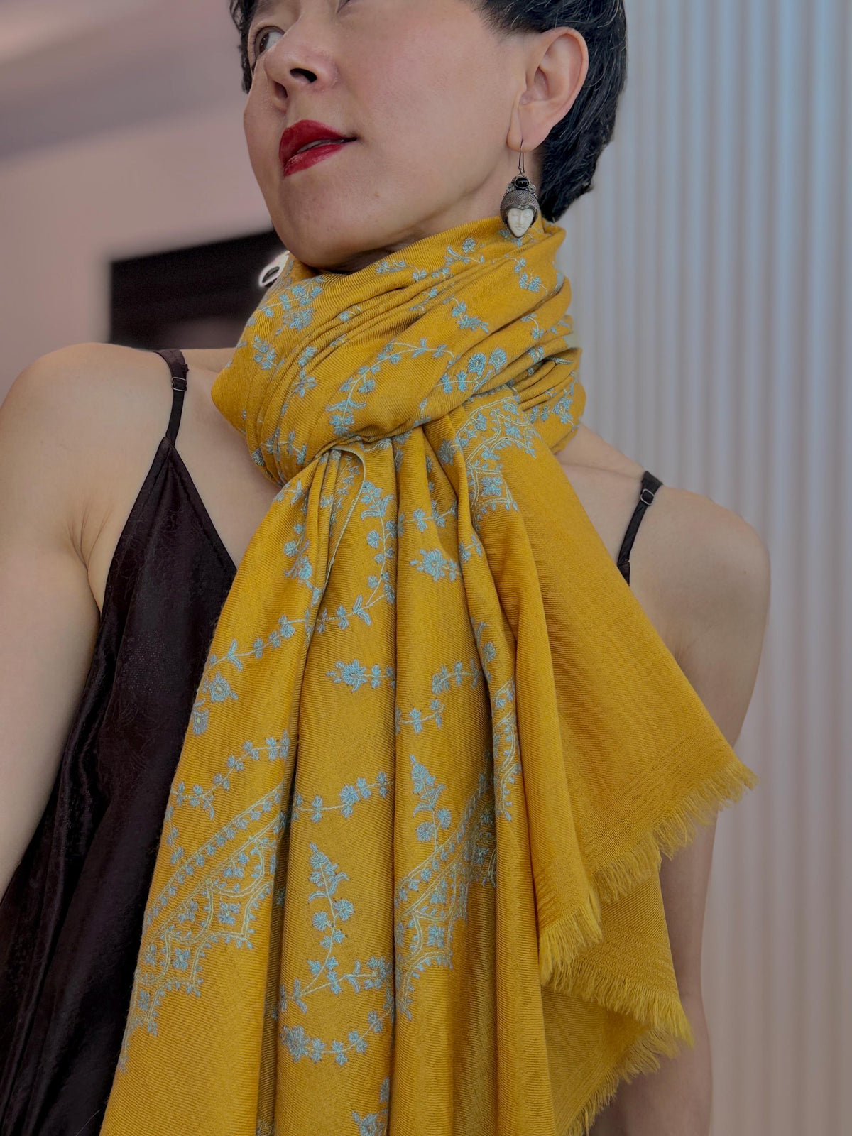 Yellow Jaal Embroidery Pashmina Shawl with Intricate Designs