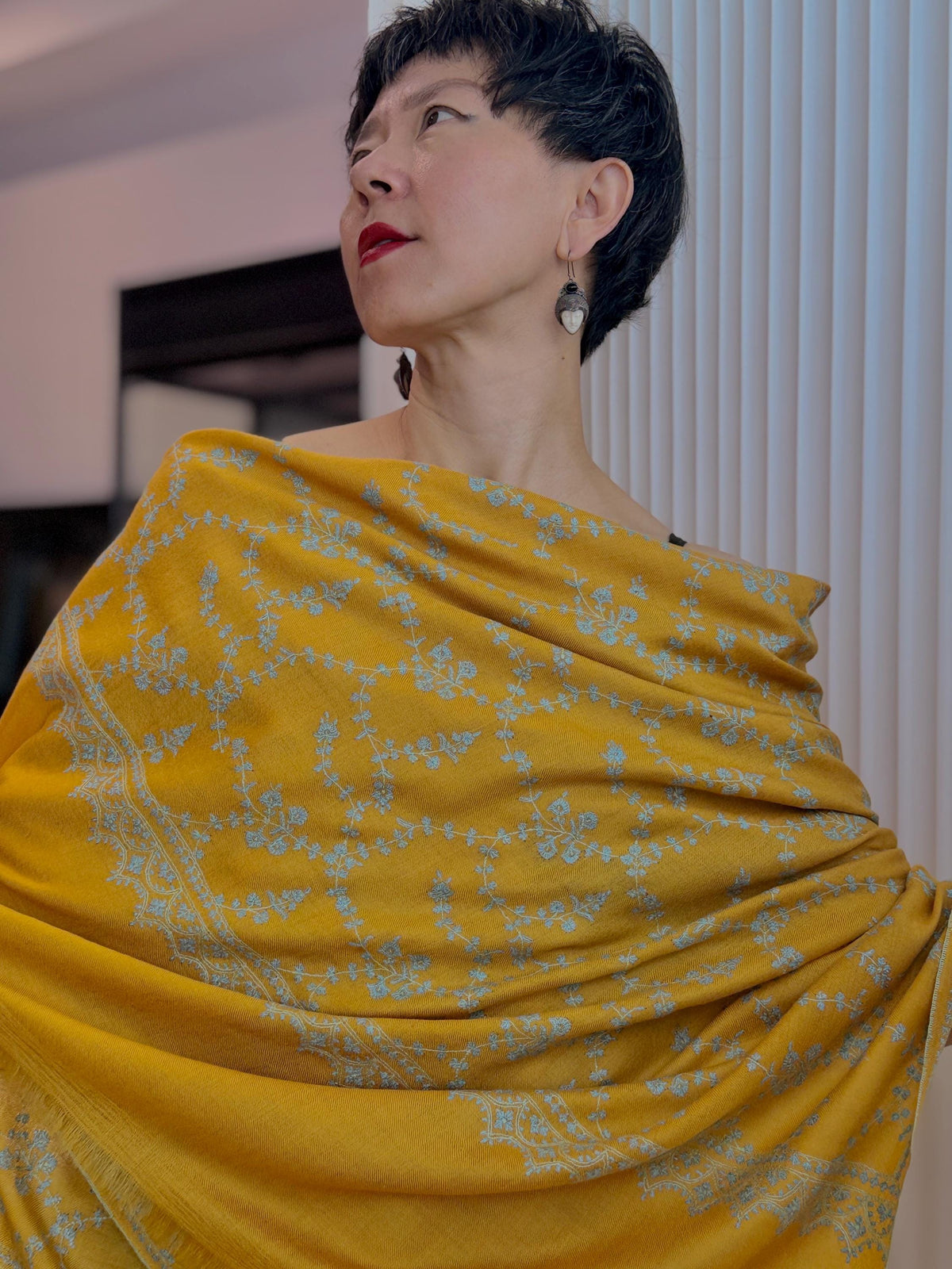 Yellow Jaal Embroidery Pashmina Shawl with Intricate Designs