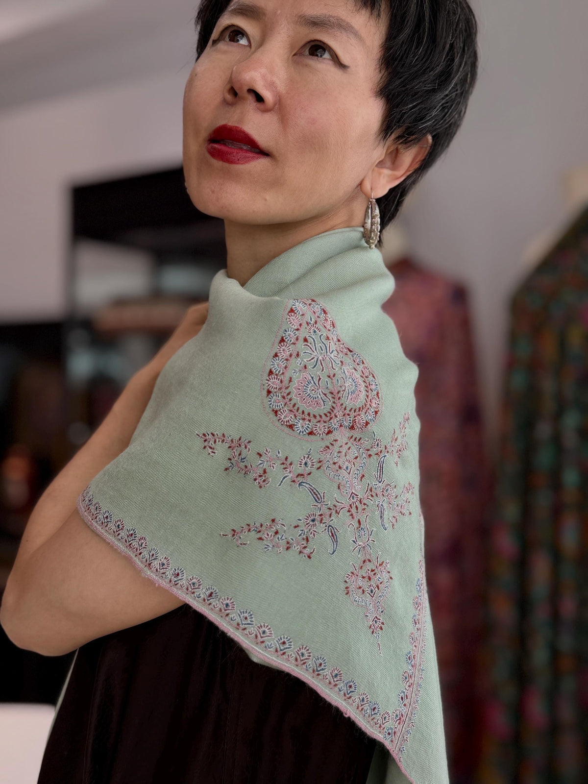 Sage Green Hashia Embroidered Pashmina Shawl with GI Tag