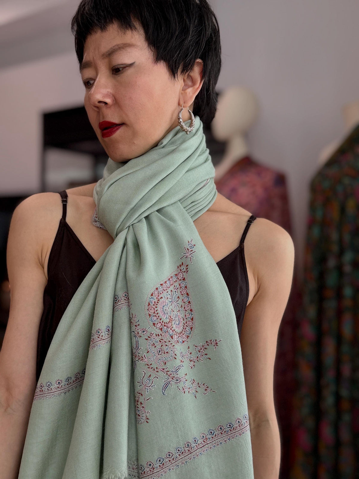 Sage Green Hashia Embroidered Pashmina Shawl with GI Tag